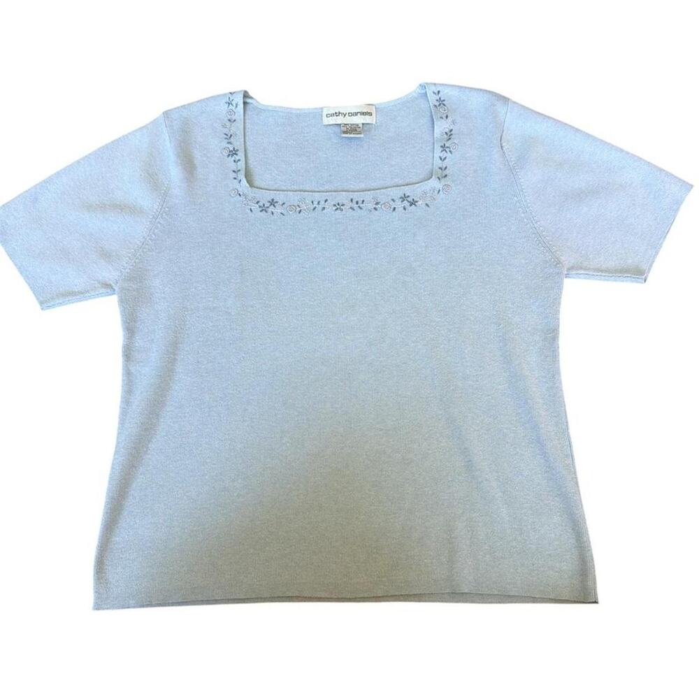 Light blue square neck grannycore knit top with floral embroidery
